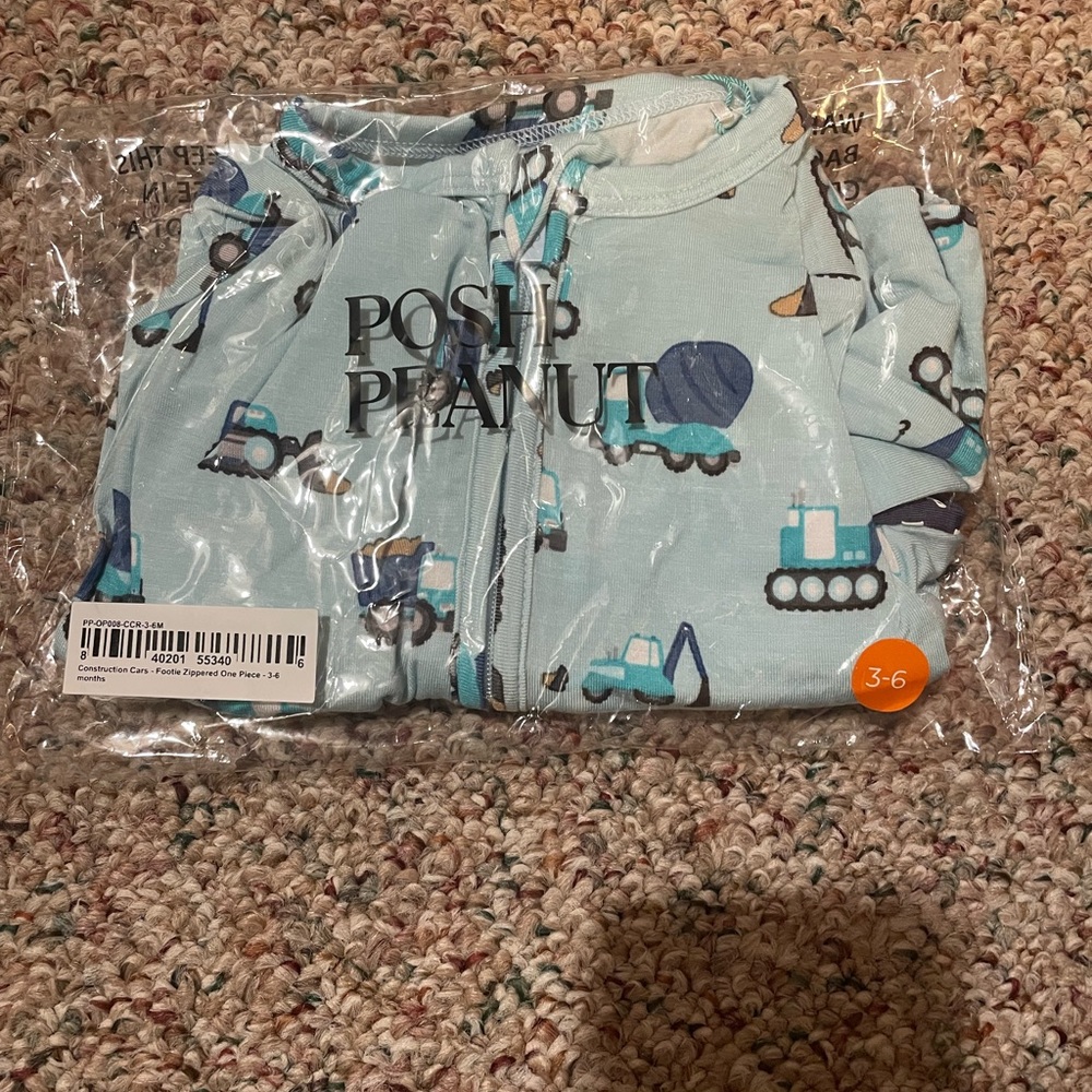 Posh Peanut Construction Cars 3-6mo Zippered Footie NWT